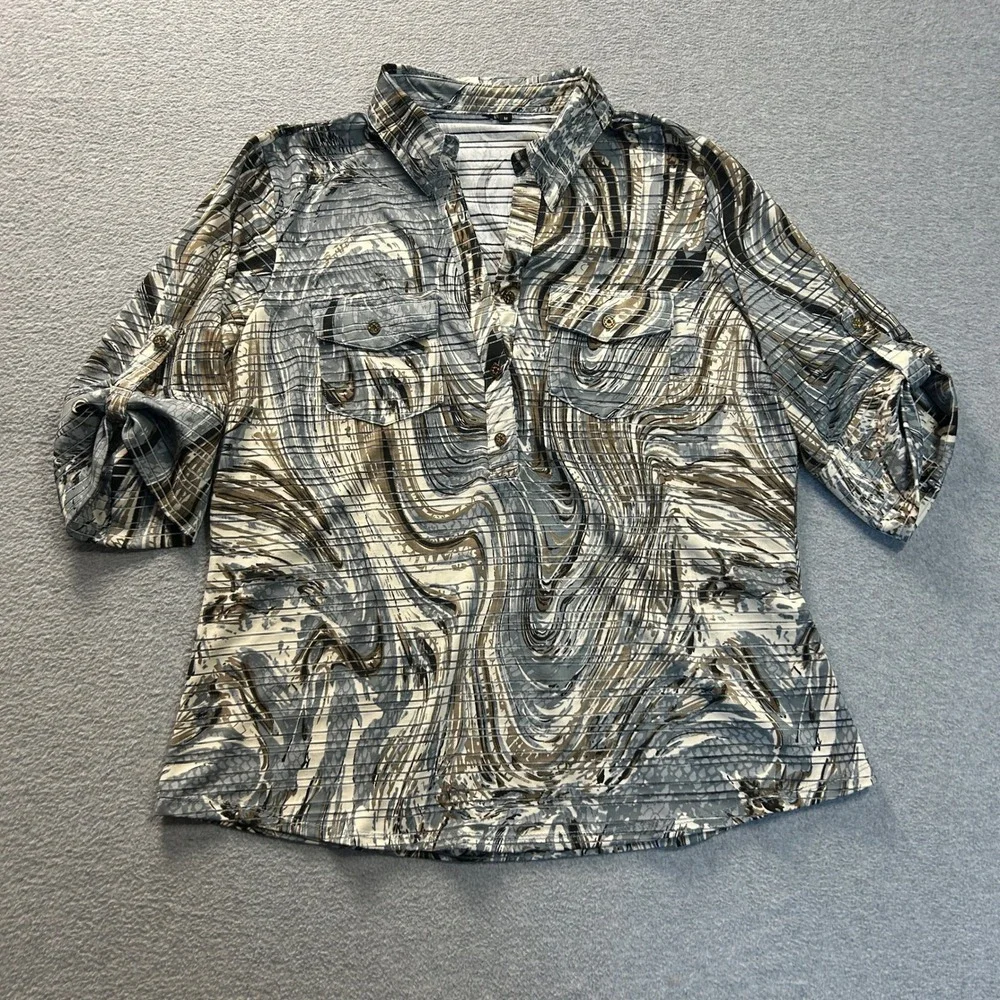 Print Roll Tab Utility Blouse Womens Medium Abstract Marble Gray Black Top